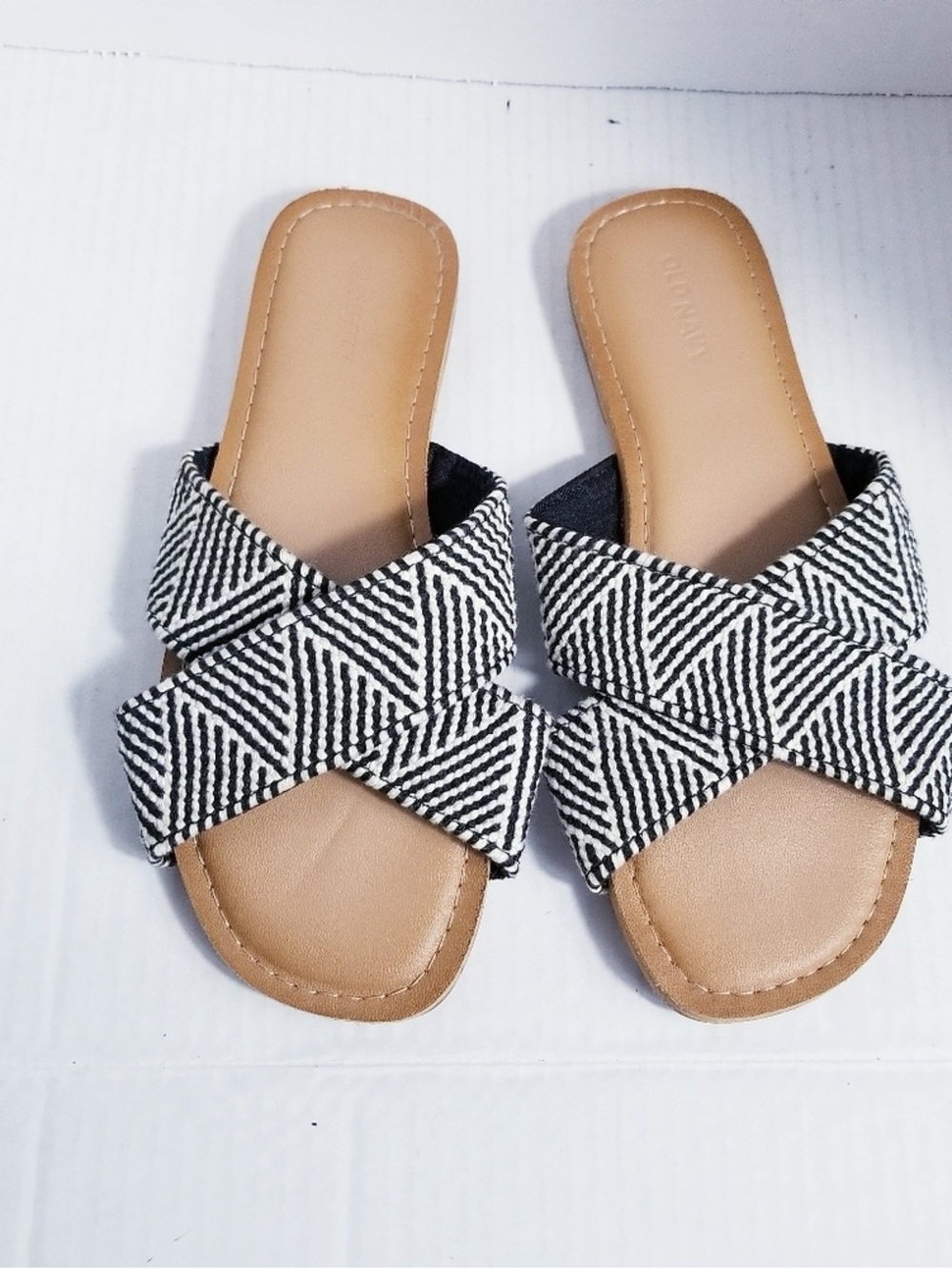 Woven Crisscross Slide Sandals in Black & White - Women